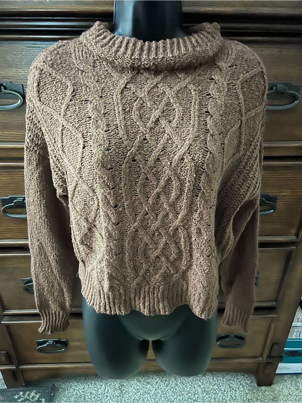 Active USA Chunky Cable Knit Turtleneck Sweater in Brown